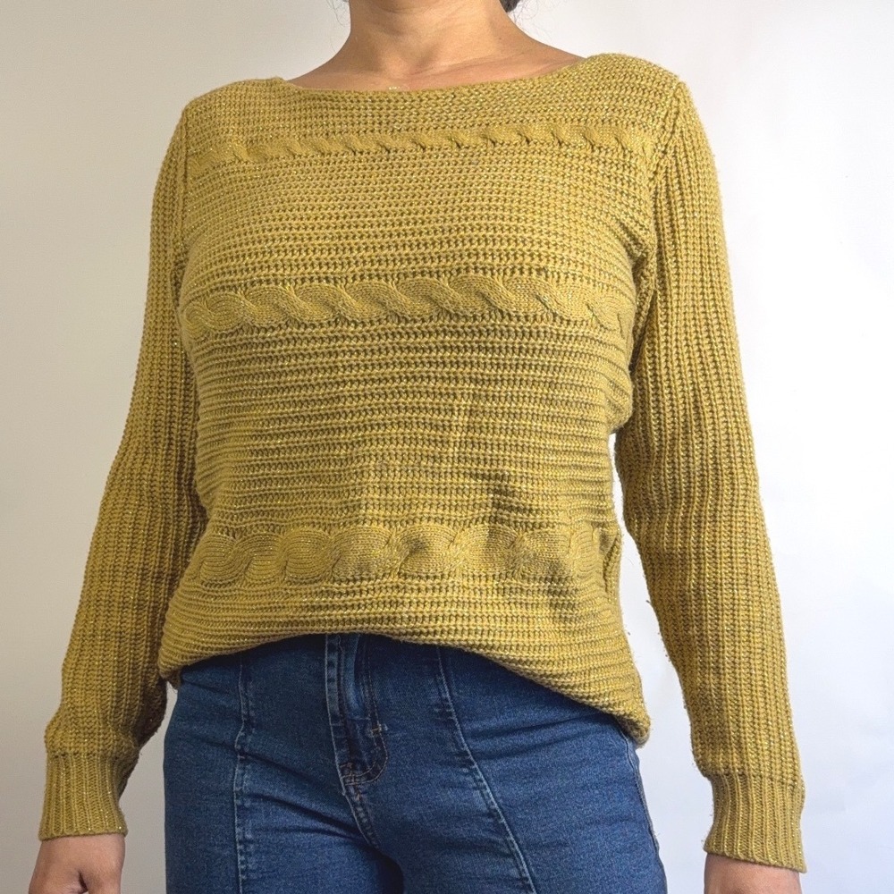 Lovecrazy Women's Mustard Yellow Cable Knit Sweater Long Sleeve Boat Neck Size L